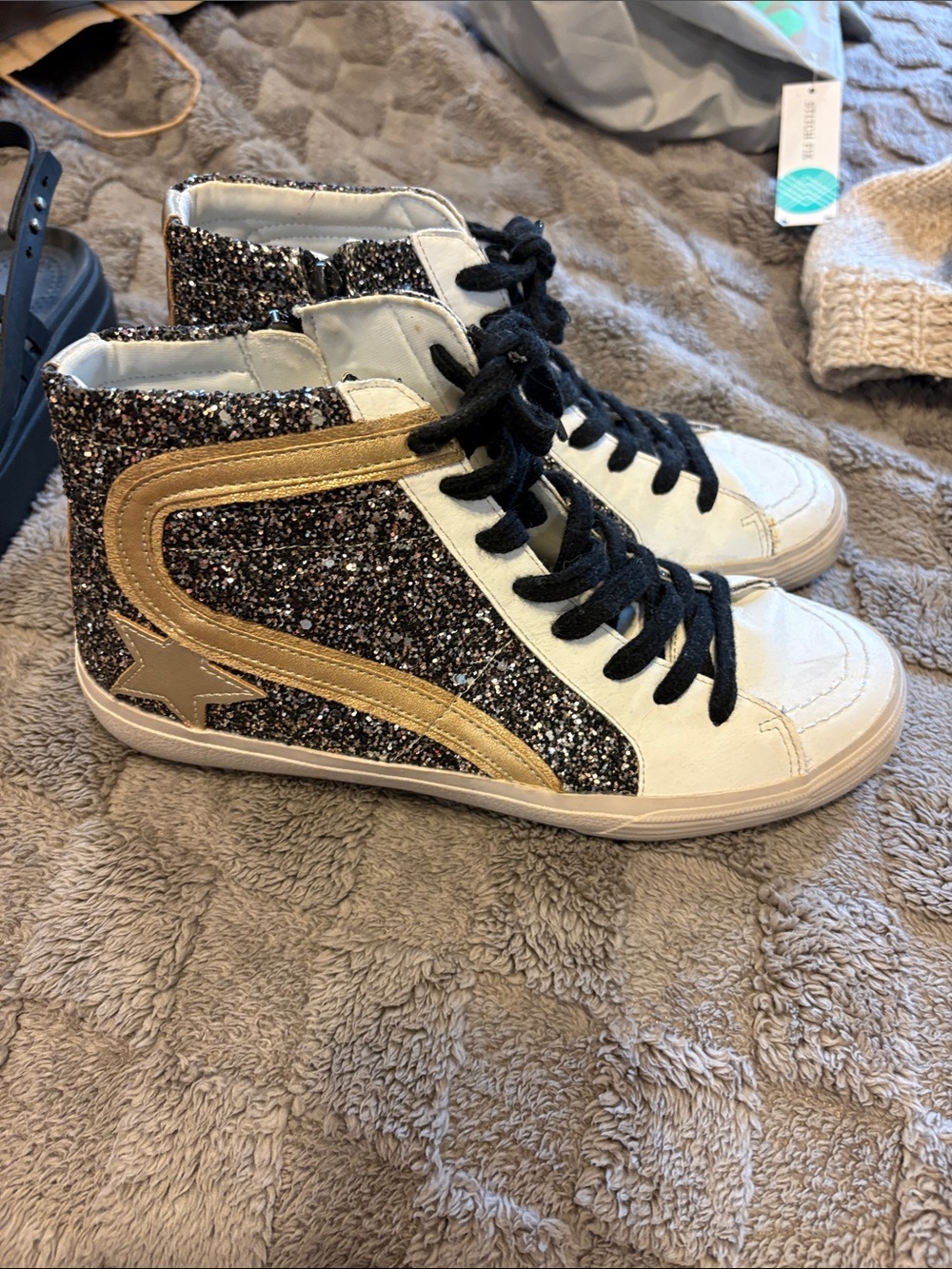 ShuShop Black Glitter High-Top Sneakers with Gold Trim